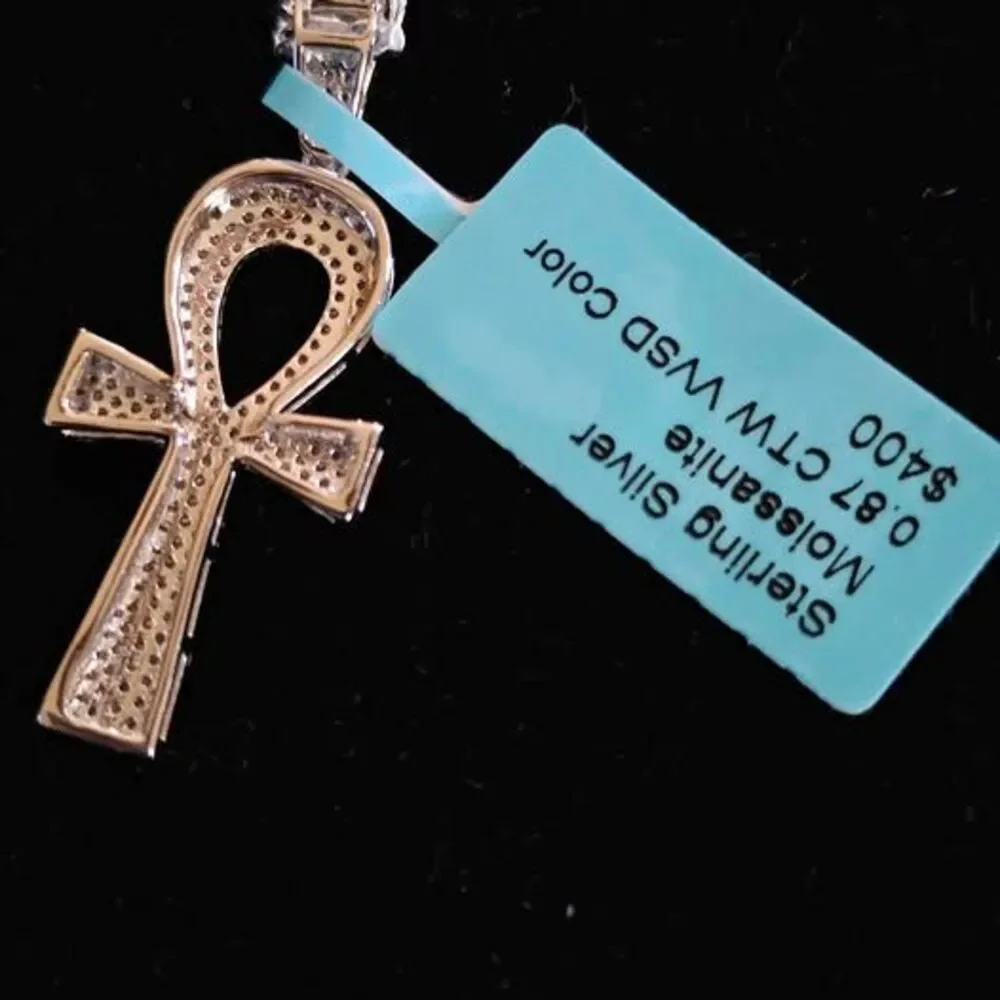 .87CTW VVSD Moissanite Ankh pendant in .925 sterling silver on 18